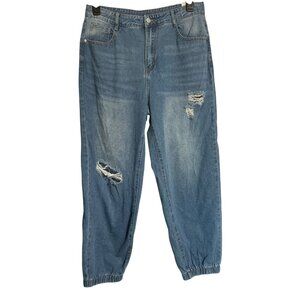 Distressed Denim Joggers With Elastic Cuffs Womens Size 32 Destroyed Shein